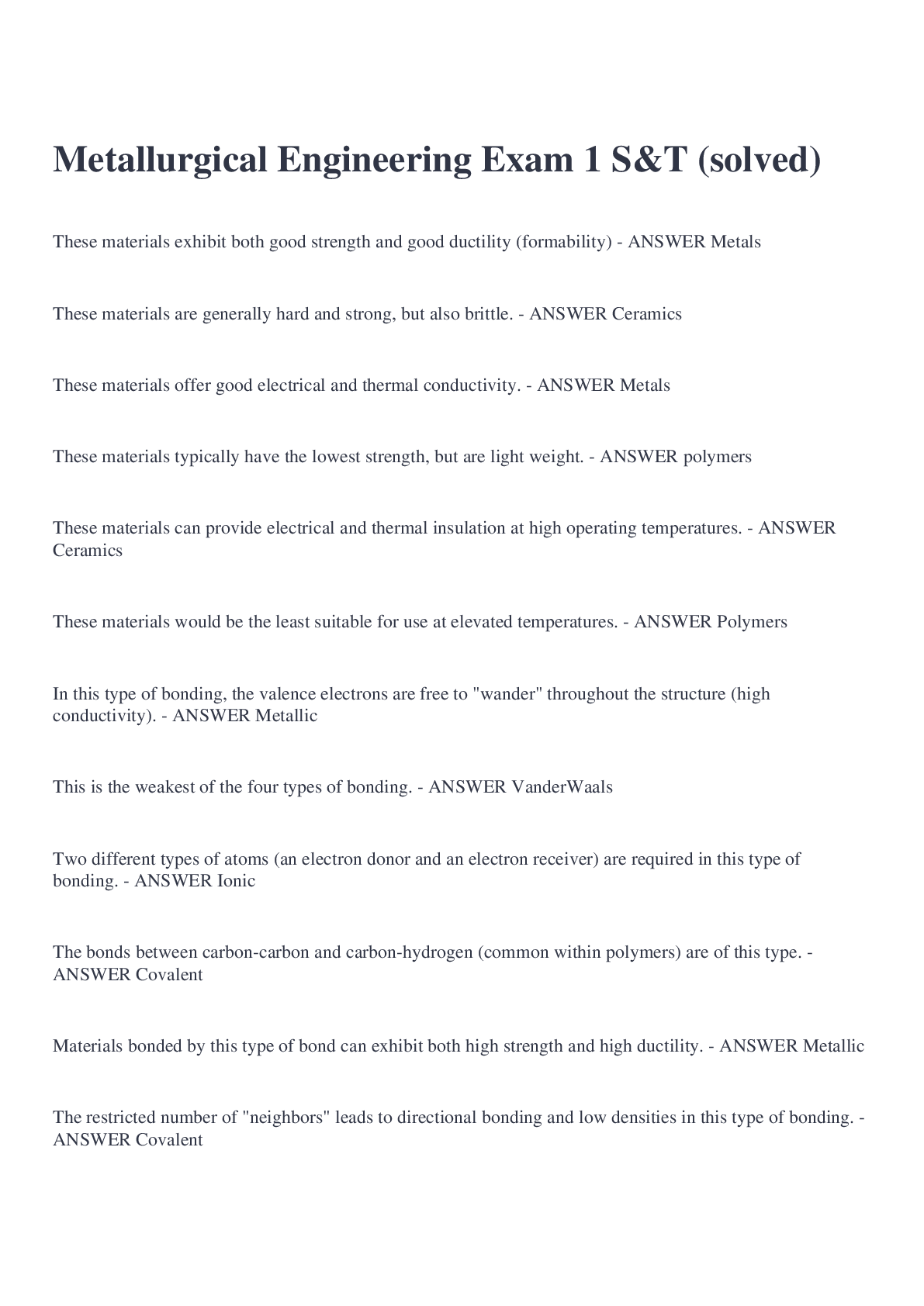 Preview image of Metallurgical Engineering Exam 1 S&T (solved) document